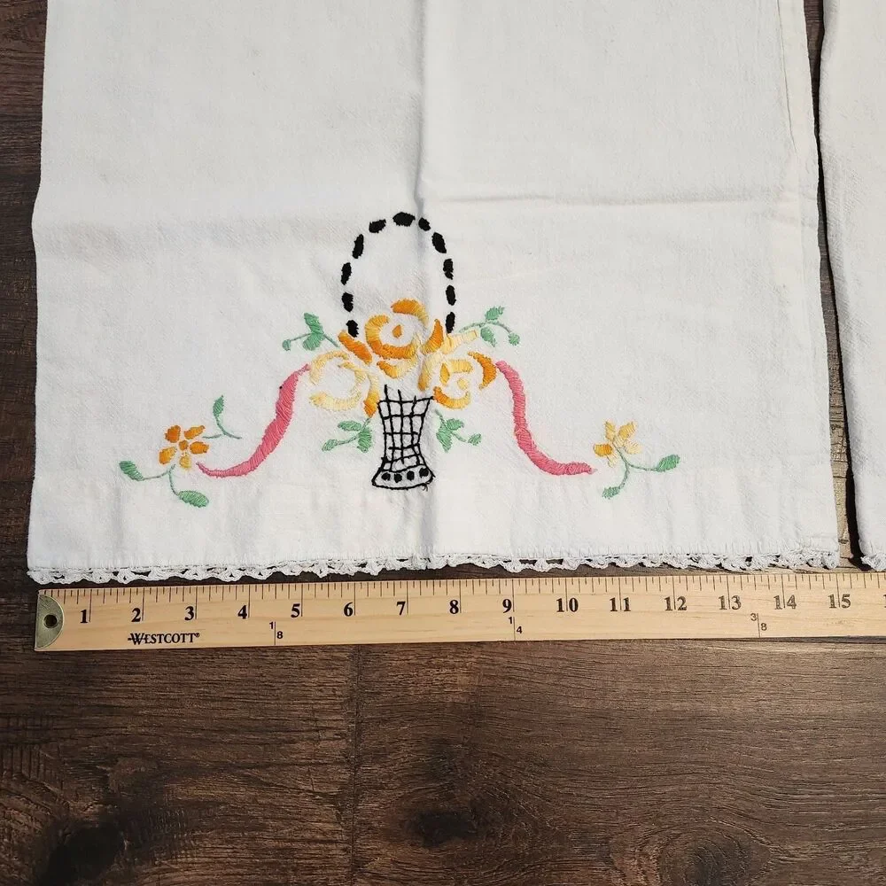 Vintage Pair Hand Embroidered Floral Crocheted Edges Pillowcases Cottagecore